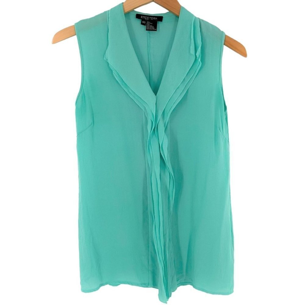 ETCETERA Aqua Blue Silk Crepe Ruffled Sleeveless Shirt Size 00 Top
